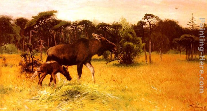 Wilhelm Kuhnert Moose with her Calf in a Landscape